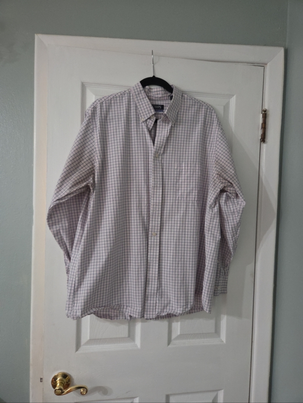 Chaps Men's Button-Up Check Shirt in Pink and Navy Blue. 17.5  34/35.